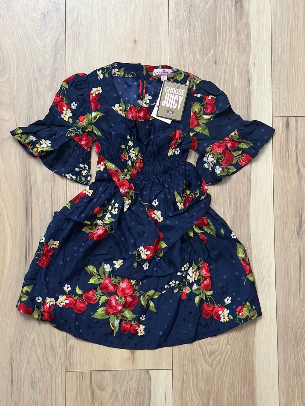 Juicy Couture Navy Dress with Red Cherry & Green Leaf Print